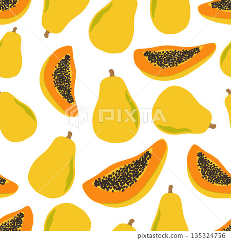 Seamless pattern of whole and sliced papayas creating a vibrant tropical design Seamless pattern of whole and sliced papayas creating a vibrant tropical design 135324756
