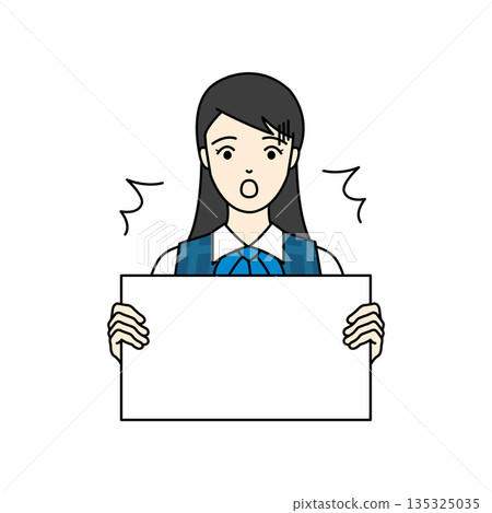 一位身穿職業制服的女上班族一臉驚訝地拿著一塊白板 135325035