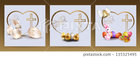 Happy Easter. Isolated design element with a heart silhouette, bunny, and Easter eggs 135325495