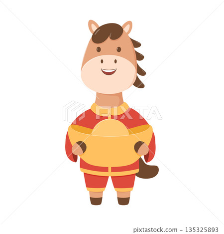 Cute Horse Holding Gold Ingot. Chinese New Year Zodiac Illustration Cute Horse Holding Gold Ingot. Chinese New Year Zodiac Illustration 135325893