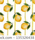 Lemon with stripes watercolor seamless pattern. Hand drawn tropical sour fruit. Clip art of juicy yellow lime. Citrus on isolated white background. Ideal for packaging of natural cosmetics, household 135326438
