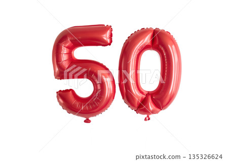 Shiny red foil balloon in the shape of the number 50, isolated on a transparent background. Perfect for 50th birthday, anniversary, or milestone parties Shiny red foil balloon in the shape of the number 50, isolated on a transparent background. Perfect for 50th birthday, anniversary, or milestone parties 135326624