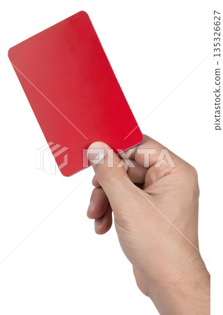 Referee's hand holding up bright red card for an immediate ejection, isolated on a transparent png background, sport concept 135326627
