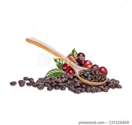 Coffee beans with leaves isolated on white background 135326809
