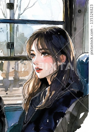 Woman sitting by the window on the bus 135326823