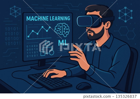 Man using virtual reality headset to explore... - Stock Illustration ...