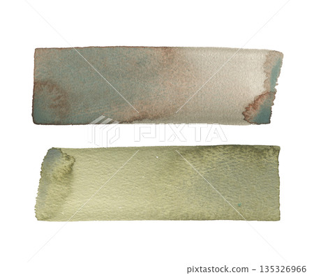 Two hand drawn wide abstract watercolor strokes Greenish brown, grassy, swampy, grayish green muted color with granular texture for artistic design element 135326966