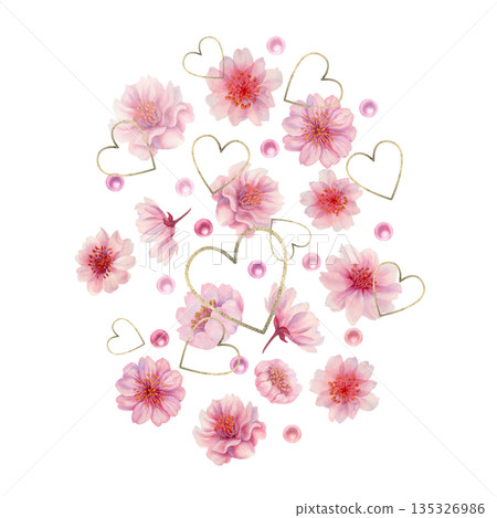 Gold hearts with pink blooming sakura flowers, pearls. Watercolor illustration clipart for weddings, Valentine's Day, Mother's Day, birthdays, Hanami, frames, borders, cards, invitations, greetings Gold hearts with pink blooming sakura flowers, pearls. Watercolor illustration clipart for weddings, Valentine's Day, Mother's Day, birthdays, Hanami, frames, borders, cards, invitations, greetings 135326986
