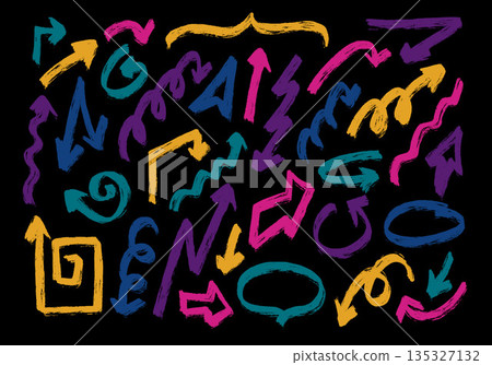 Rough paintbrush scribble arrows. Hand-drawn crayon elements on blackboard. Various sketched arrows with grunge textured strokes. Vector set of design objects drawn with a scratching marker pen. Rough paintbrush scribble arrows. Hand-drawn crayon elements on blackboard. Various sketched arrows with grunge textured strokes. Vector set of design objects drawn with a scratching marker pen. 135327132