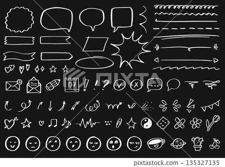 Cute doodle hand drawn elements featuring highlights, shapes for text, smiling faces, web icons. Line art decorative scribbles and graphic symbols in sketch style. Black and white vector set. Cute doodle hand drawn elements featuring highlights, shapes for text, smiling faces, web icons. Line art decorative scribbles and graphic symbols in sketch style. Black and white vector set. 135327135