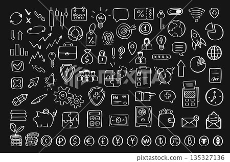Doodle business icons in hand-drawn style. Career development, finance, management, and strategy symbols with simple sketch lines. Black and white vector illustration isolated on a black background. 135327136