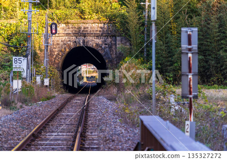 Railway and tunnel on an autumn evening Railway and tunnel on an autumn evening 135327272