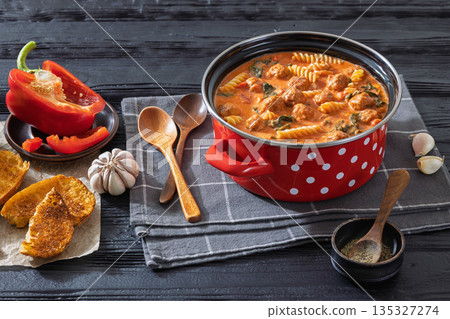 Italian Meatball Fusilli Soup with Toast Top View 135327274