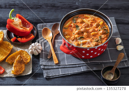 Italian Meatball Fusilli Soup with Toast Top View Italian Meatball Fusilli Soup with Toast Top View 135327278