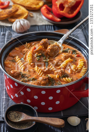 Italian Meatball Fusilli Soup with Toast Top View 135327281