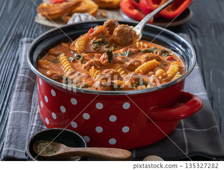 Italian Meatball Fusilli Soup with Toast Top View Italian Meatball Fusilli Soup with Toast Top View 135327282