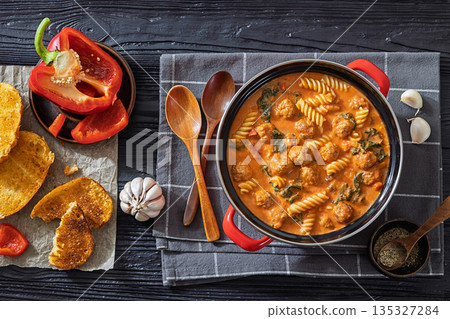 Italian Meatball Fusilli Soup with Toast Top View Italian Meatball Fusilli Soup with Toast Top View 135327284