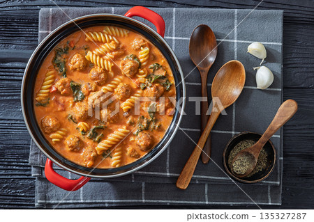 Italian Meatball Fusilli Soup with Toast Top View Italian Meatball Fusilli Soup with Toast Top View 135327287