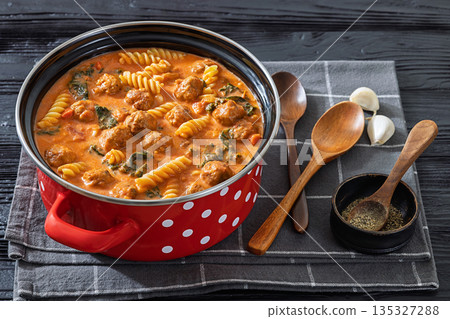 Italian Meatball Fusilli Soup with Toast Top View 135327288