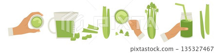 Celery set landscape. Hand with juice in glasses, view from different sides, bunches, chopped stems, leaves, decanter. 135327467