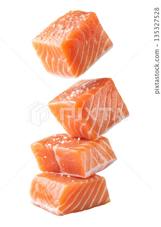 Levitating cubes of raw salmon fillet isolated. Versatile for recipe graphics, protein focus, minimalist food design 135327528