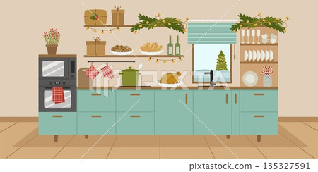 Cozy kitchen interior with a window for Christmas. Cozy kitchen interior with a window for Christmas. 135327591