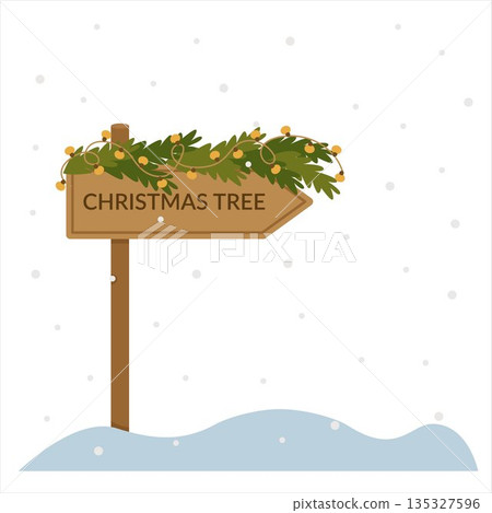 Christmas trees, wooden arrow pointer at the fair. Christmas trees, wooden arrow pointer at the fair. 135327596