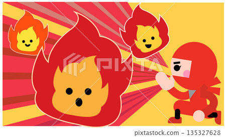 一幅可愛的忍者角色使用火遁忍術的插圖 135327628