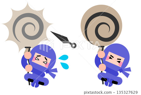 一組可愛的忍者角色和氣球一起漂浮的插畫 135327629