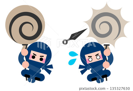 一組可愛的忍者角色和氣球一起漂浮的插畫 135327630