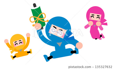一組可愛的忍者角色快樂地舉著捲軸的插圖 135327632