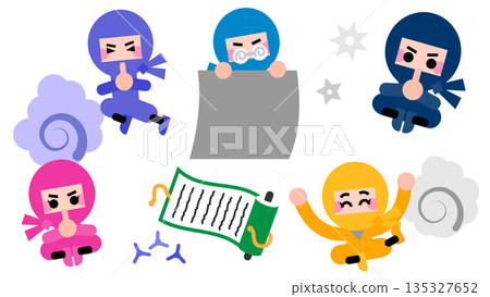 Illustration set of cute ninja characters practicing ninjutsu 135327652
