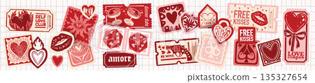 Love sticker Valentine day coupon, romantic holiday ticket print vector set, doodle hand drawn patch 135327654