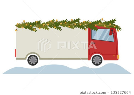 Christmas red truck decorated with fir branches and a garland. N Christmas red truck decorated with fir branches and a garland. N 135327664
