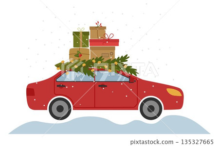 Red Christmas car, carrying a lot of gifts and fir branches with a garland on the roof. New Year's delivery. Vector holiday illustration. Red Christmas car, carrying a lot of gifts and fir branches with a garland on the roof. New Year's delivery. Vector holiday illustration. 135327665