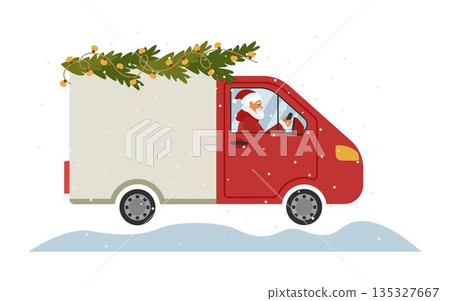 Santa carries gifts on a Christmas red truck. 135327667