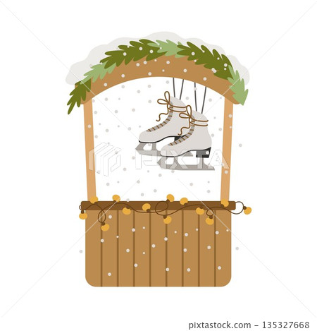 Skate rental, wooden pavilion at the fair. 135327668