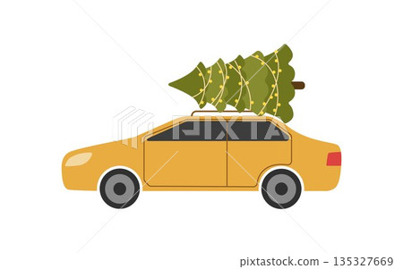 Taxi delivers a purchased Christmas tree. 135327669
