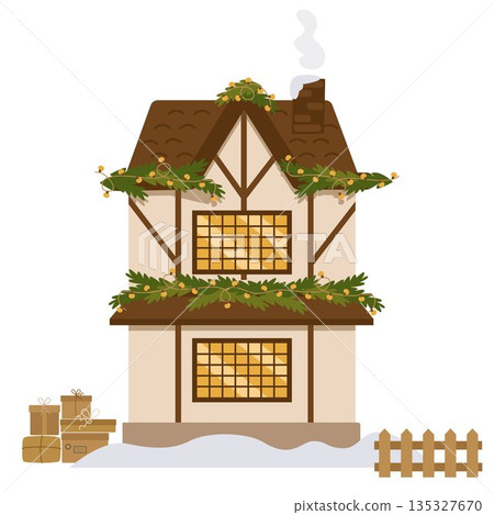Cozy Christmas house with gifts on a snowy street. 135327670