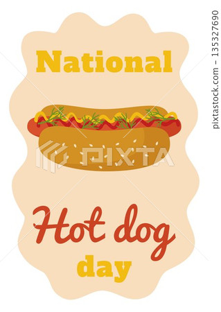 National Hot Dog Day. A template for a holiday banner with traditional fast food with sausage, ketchup and mustard. Vector illustration, design option. 135327690