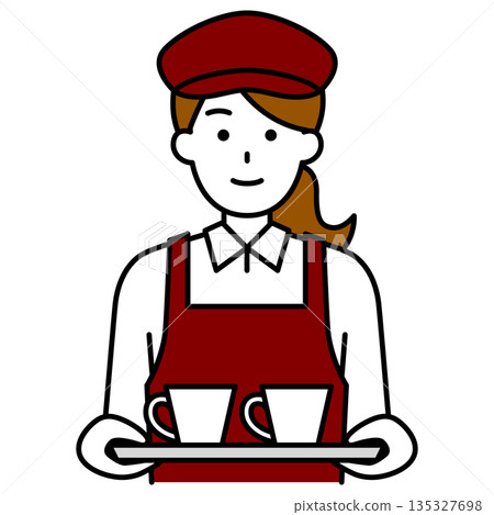 A female coffee shop assistant carrying coffee 135327698