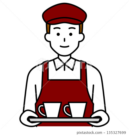 一位端著咖啡的咖啡店男店員 135327699