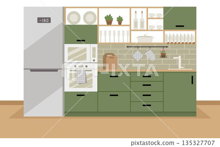 Kitchen set. Modern home furniture and cooking appliances. 135327707