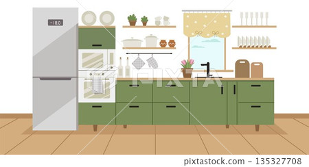 A cozy kitchen with a window by the sink and flowers. Modern furniture and cooking appliances. 135327708