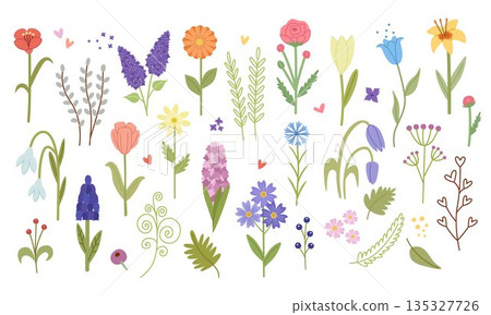 Spring flowers set. Peony, lilac, rose, muscari, snowdrop. 135327726