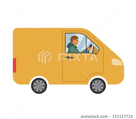 Delivery of parcels and boxes on a yellow minivan. A van with a driver carries orders. Vector illustration for design. Delivery of parcels and boxes on a yellow minivan. A van with a driver carries orders. Vector illustration for design. 135327728