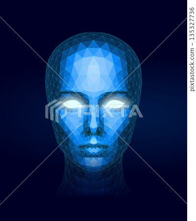 Futuristic Low-Poly Digital Face with Glowing Eyes on Dark Tech Background Futuristic Low-Poly Digital Face with Glowing Eyes on Dark Tech Background 135327736