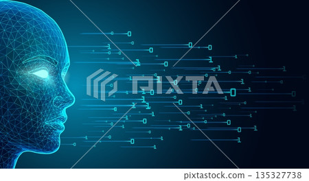 Glowing Blue Wireframe Face Analyzing Binary Data Stream on Futuristic Digital Background 135327738