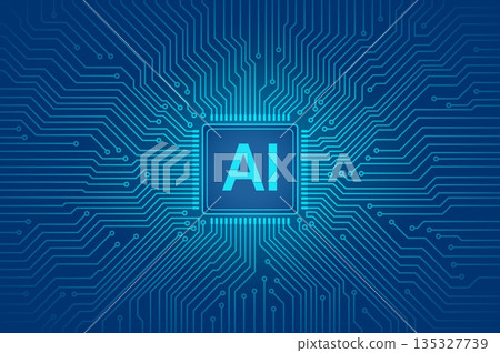 AI Microchip with Radiating Circuit Lines on Futuristic Blue Gradient Background AI Microchip with Radiating Circuit Lines on Futuristic Blue Gradient Background 135327739
