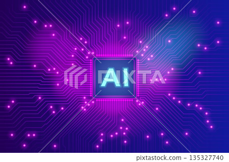 AI Microchip with Glowing Purple Circuitry on Futuristic Dark Gradient Background AI Microchip with Glowing Purple Circuitry on Futuristic Dark Gradient Background 135327740